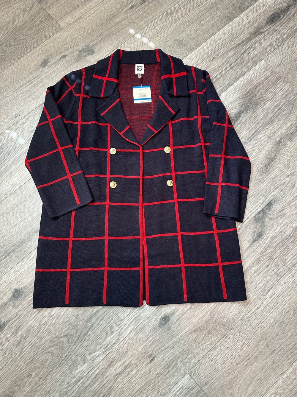 Anne Klein Midnight / Fire Red Windowpane Check and Gold Buttons